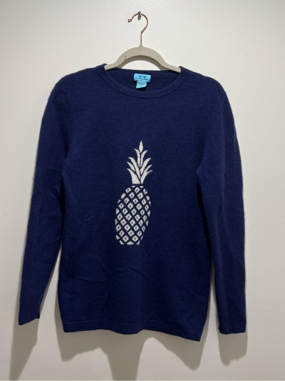 Two Bees Cashmere 100% Cashmere Pineapple Sweater Navy Blue Ivory L